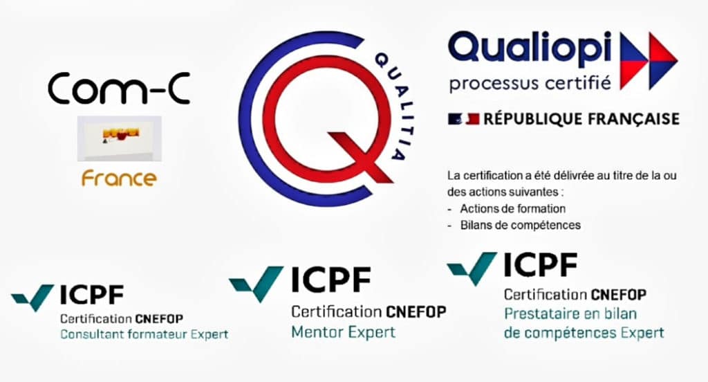 Logo de Com-C ainsi que toutes ses certifications obtenues (Qualiopin ICPF...)